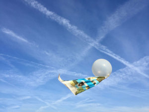 cactus printed blue and white silk scarf flying with a white balloon